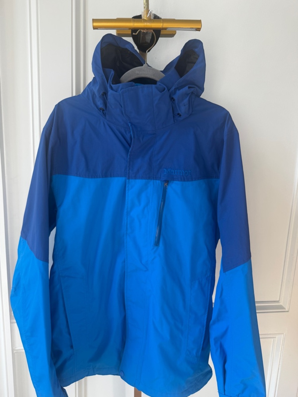 Marmot Waterproof Hooded Rain Jacket Blue Block Light Weight Mens Outdoor S Lg